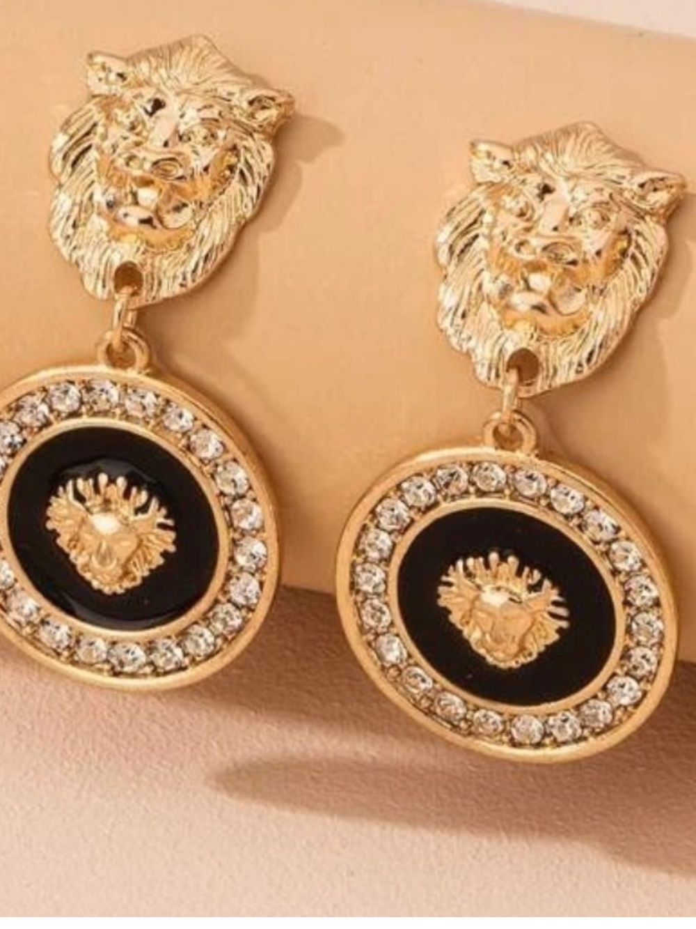 Gold Tone Lion Head Drop Earrings with Black Medallions. Statement. Lightweight